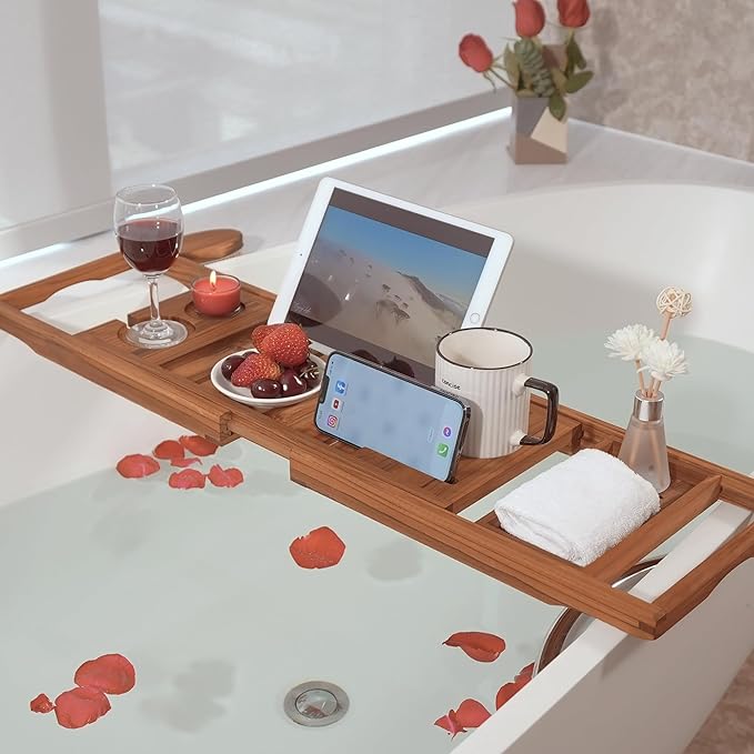VaeFae Premium Teak Bathtub Tray, Expandable Wooden Bath Tray for Tub, Luxury Bathtub & Bathroom Accessories, Great House Warming, Anniversary & Wedding and Birthday Gifts (Free Teak Body Brush)