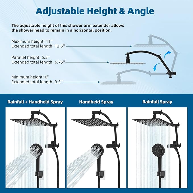 Hibbent All Metal Shower Head, 8'' High Pressure Rain Shower Head/Handheld Showerhead Combo with 16'' Adjustable Arc-shaped Extension Arm, 10 Sprays, 71'' Hose, Showerhead Holder, Matte Black