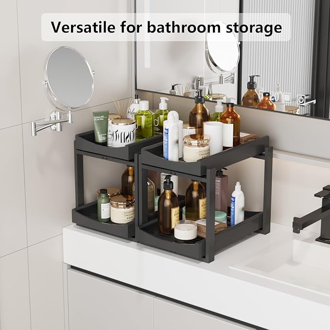 Bamboo Under Sink Organizer Adjustable Height 2 Tier Bathroom Organizer Pull Out Cabinet Storage Kitchen Heave Duty Wood Slide Ou Shelf for Kitchen Bathroom (Black, 2 Packs)