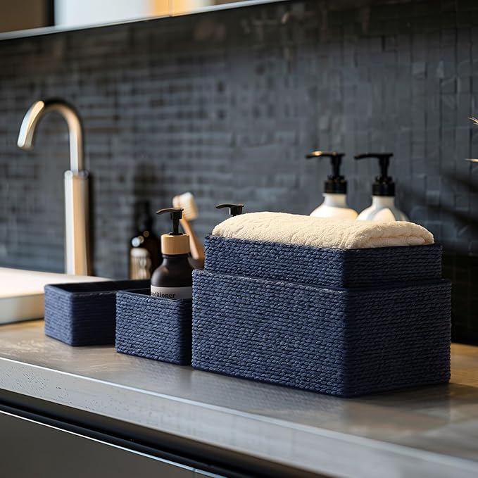 LA JOLIE MUSE Storage Baskets for Organizing - Set of 4 Sturdy Woven Paper Rope Decorative, Stackable Wicker Baskets for Makeup Closet, Bathroom, Bedroom (Navy Blue)