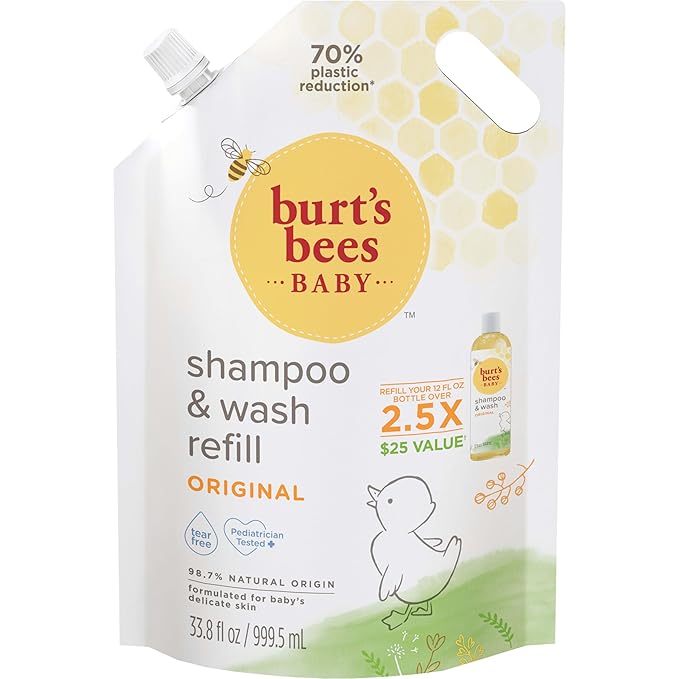 Burts Bees Baby Shampoo and Baby Wash Refill, Original, Plant-Based Formula, Tear-Free, Pediatrician-Tested, Natural Origin, Gently Cleans Sensitive Skin and Hair, 33.8 Fl Oz