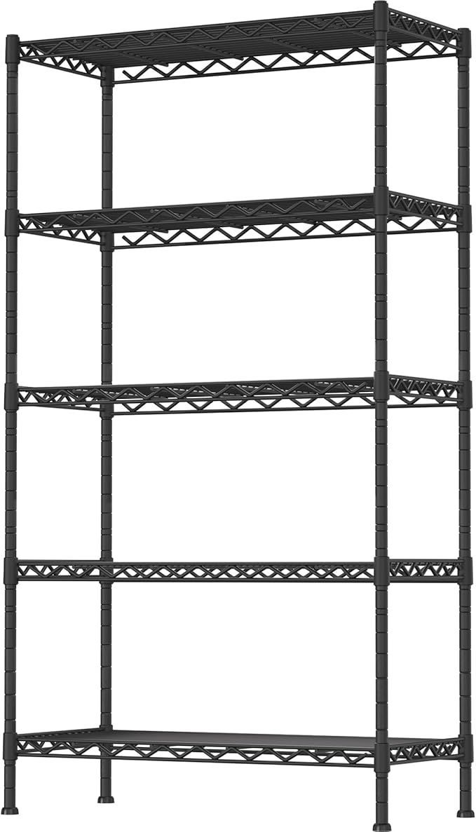 5-Shelf Adjustable Heavy Duty Storage Shelving Unit, Metal Organizer Wire Rack for Laundry Bathroom Kitchen Pantry Closet, Black