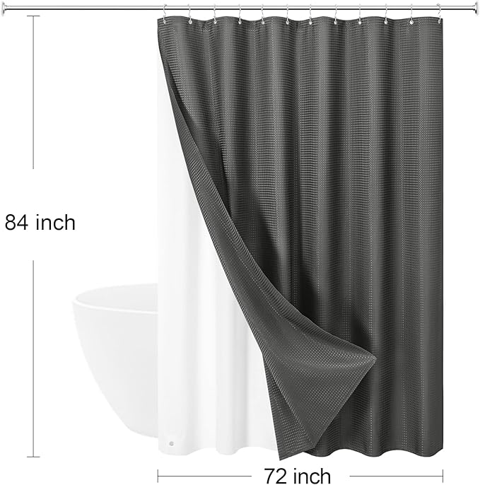 3 in 1 Extra Long Charcoal Grey Shower Curtain Set-72 W x 84 H, Modern Waffle and PEVA Liner Set with 12 Stainless Steel Hooks, Waterproof Fabric for Bathroom