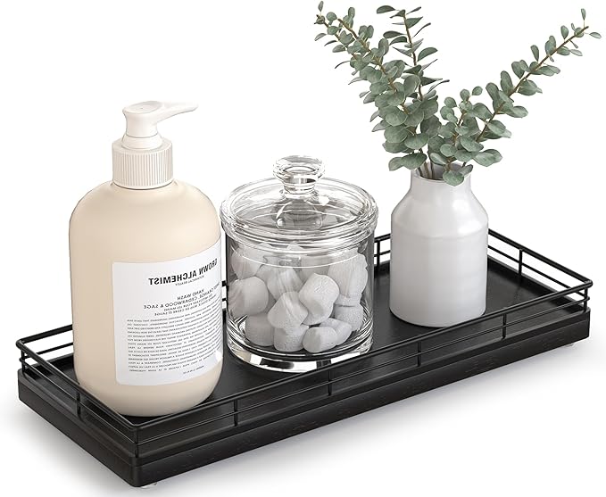 Bathroom Tray for Counter Top Organizer – Oak Wood Vanity Tray with Metal Frame for Dresser, Kitchen, Nightstand – Black Decorative Storage