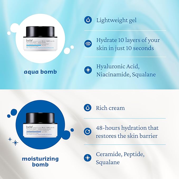 belif Aqua Bomb – Lightweight Gel Moisturizer with Niacinamide, Hyaluronic Acid & Squalane | 72H Hydration + Cooling Effect, Korean Skincare (3.3 fl oz)