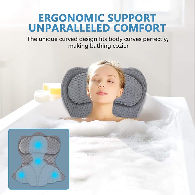 REEZEIVI Bath Pillows for Tub,Bath Pillow with 6 Non-Slip Suction Cups,Soft 4D Mesh Fabric,Bathtub Pillows for Tub Neck and Back Support,Extra Thick Luxury Bathtub Pillows,Grey