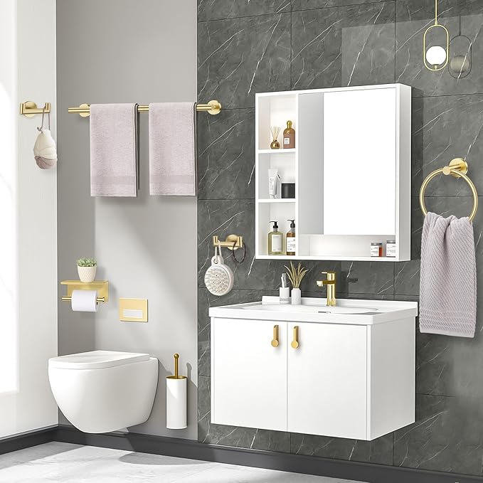 TNOMS 5-Piece Towel Bar Set Brushed Gold Bathroom Hardware Accessories Set Include 23.6in Towel Bar Toilet Paper Holder Towel Ring Towel Hooks Stainless Steel Towel Holder Set Wall Mounted