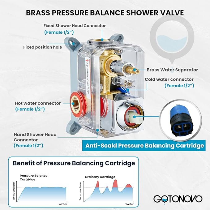 gotonovo Rainfall Bathroom Shower System Rain Shower Head and Handle Set Wall Mounted Shower Complete Combo Solid Brass Pressure Balancing Shower Mixer Valve 10 Inch Polished Chrome
