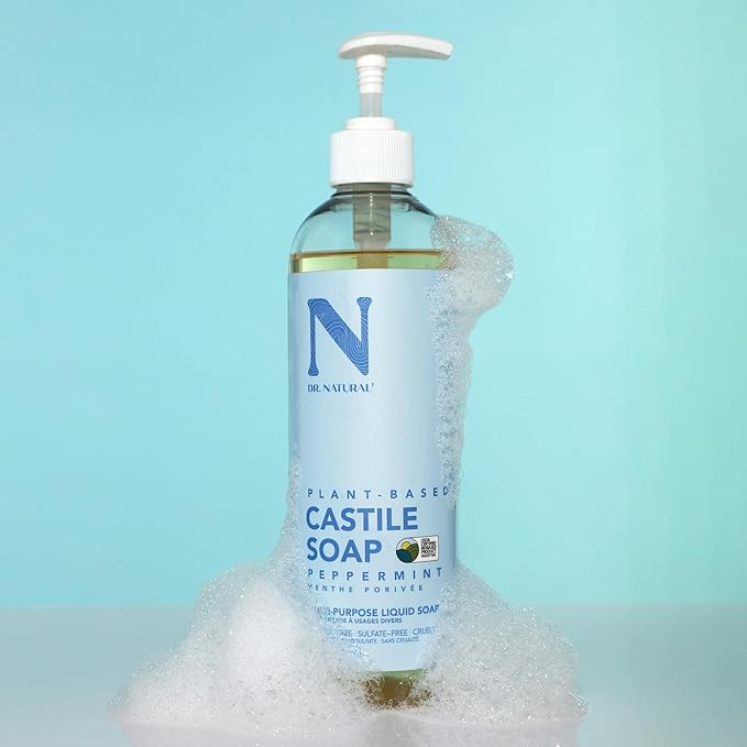 Dr. Natural Castile Liquid Soap - Multi-Use Body Wash, Shampoo and Face Wash - Hydrating Body Soap for Skin, Hair, Pets and Home - Peppermint - 16 oz