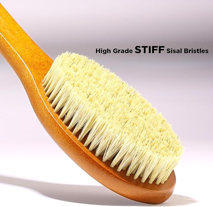 ICANdOIT-17.71Inch Natural Stiff Sisal Bristles Anti-Slip Curved Long Handle Bath Brush,Bent Handle Shower Scrubber for Exfoliating,Shower Back Brush