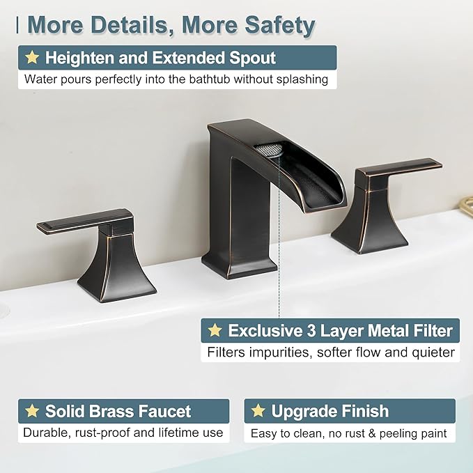 Waterfall Roman Tub Faucet, Solid Brass Oil Rubbed Bronze Bathtub Faucet, High Flow Deck Mount Tub Faucet Set, 3 Hole Widespread Bathtub Faucets with 2 Handles No Leaks 15 Mins to Install