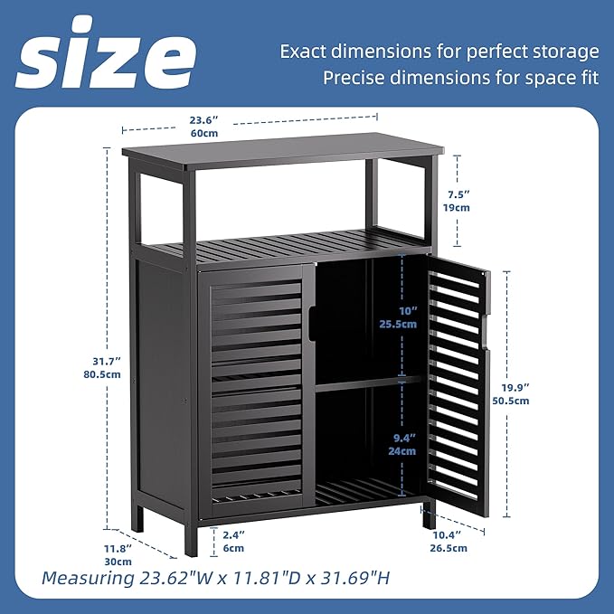 HITNET Black Bathroom Storage Cabinet, Freestanding Bamboo Floor Cabinet 4 Tier Tall Kitchen Cupboard with Door and Shelves