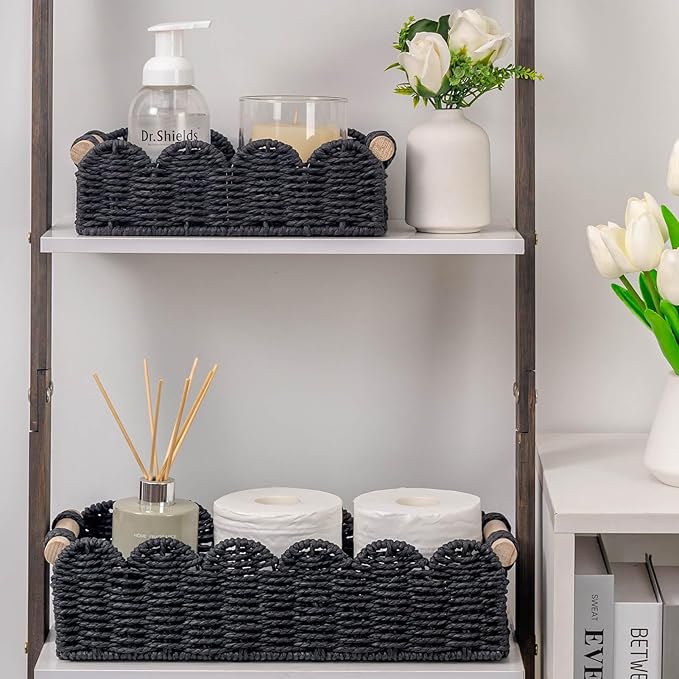 CubesLand Scalloped Edge Decor Baskets for Home, Living Room, Toilet Paper Storage Basket for Over Toilet Shelf, End Table,Shelves and More, Small Paper Rope Baskets Both Storage&Decor, Set 2 Black