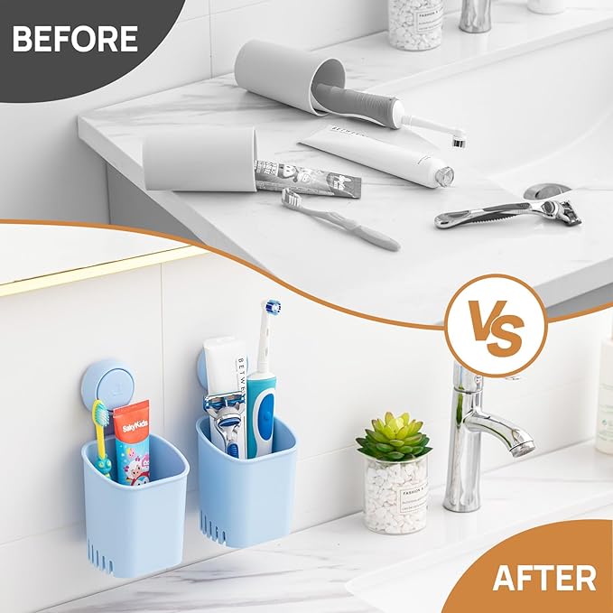LEVERLOC Powerful Suction Cup Toothbrush Holder, No Drill Removable Wall Shower Holder for Toothbrush, Toothpaste, Razor, Self-draining Suction Cup in Shower, Kitchen Tableware Organizer, Blue, 2 Pack