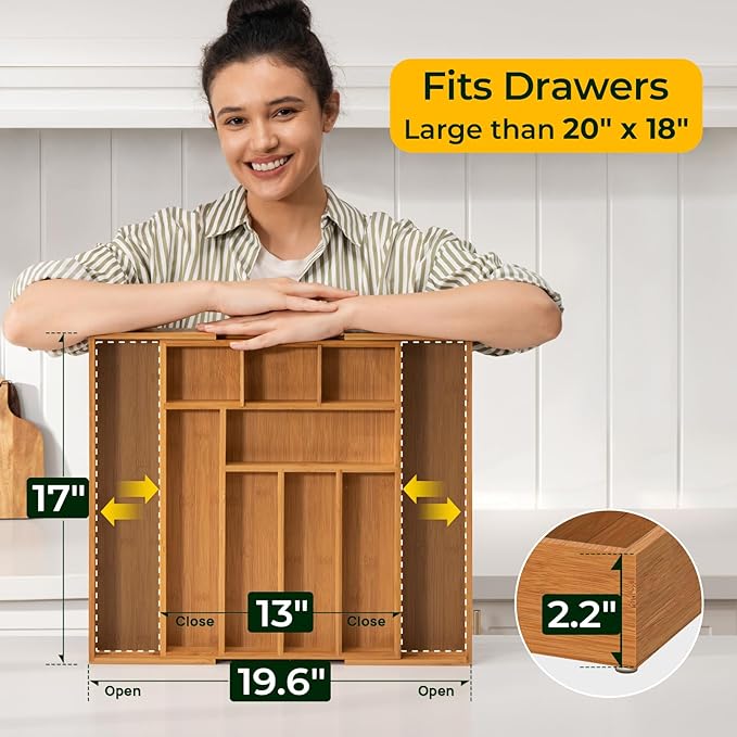 6-Piece Bamboo Drawer Organizer Set, 2.2" Deep Multi-Use Organizers for Utensils, Silverware, Cutlery, Desk, Bathroom, Junk Drawer & Makeup, Non-Slip Feet Included.