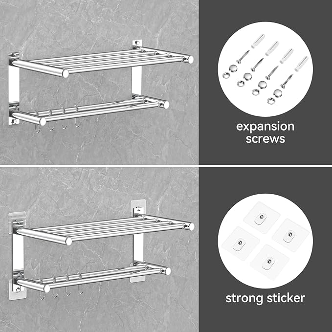 Adjustable Towel Bar for Bathroom Wall Mount17-30.7inch Adhesive Shower Towel Rack Stainless Steel Bath Towel Holders for Toilet Kitchen Double Towel Hanger (Mobile Hook Towel Rack)