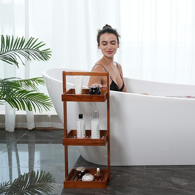 Utoplike Teak Shower Caddy Corner, 3 Tier Standing Shower Organizer Shelf with Handle, Wood Bathroom Stand Up Caddy Basket for Shampoo, Rack for Inside Shower, Bath, Office, Kitchen Desktop