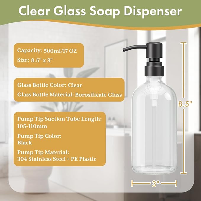 AmazerBath Soap Dispenser, 2 Pack Glass Soap Dispenser with Stainless Steel Pump, 17 Oz Bathroom Hand Soap Dispensers Bottle for Bathroom & Kitchen, Clear & Black