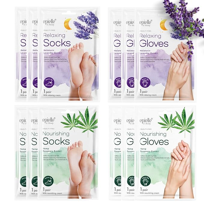 Epielle Relaxing and Nourishing Socks and Gloves 12 Pairs, Moisturizing Cream & Lotion with Lavender & Rosemary Extract, Spa Gifts, Mother's Day Gifts, Teacher's Appreciation