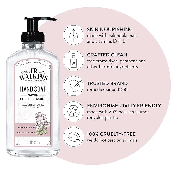 J.R. Watkins Gel Hand Soap, 3 Pack of 11 Fl Oz, Rosewater