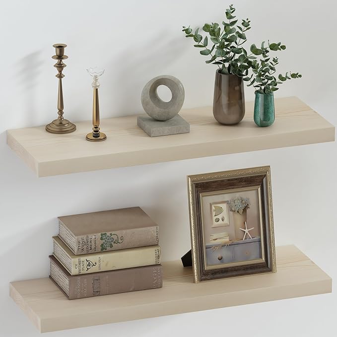 SAUMONIERES Floating Shelves 8 Inch Deep Solid Wood Wide Wall Shelf Set of 2 Wall Mounted for Bedroom Bathroom Living Room Kitchen, 24 Inch Natural