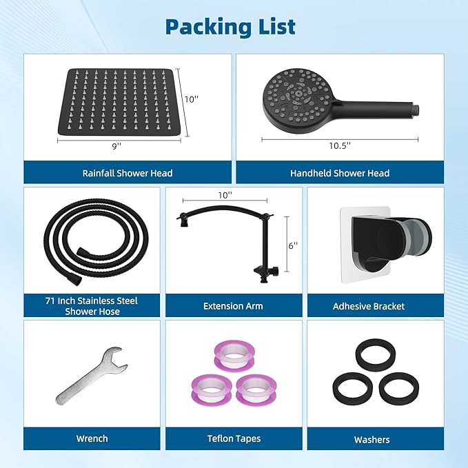 Hibbent All Metal Shower Head, 10'' High Pressure Rain Shower Head/Handheld Showerhead Combo with 16'' Adjustable Extension Arm, 10 Sprays, 71'' Hose, Adhesive Showerhead Holder, Matte Black