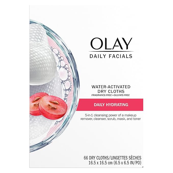 Olay Daily Facials, Daily Clean Makeup Removing Facial Cleansing Wipes, 5-in-1 Water Activated Cloths, Exfoliates, Tones and Hydrates Skin, 66 count
