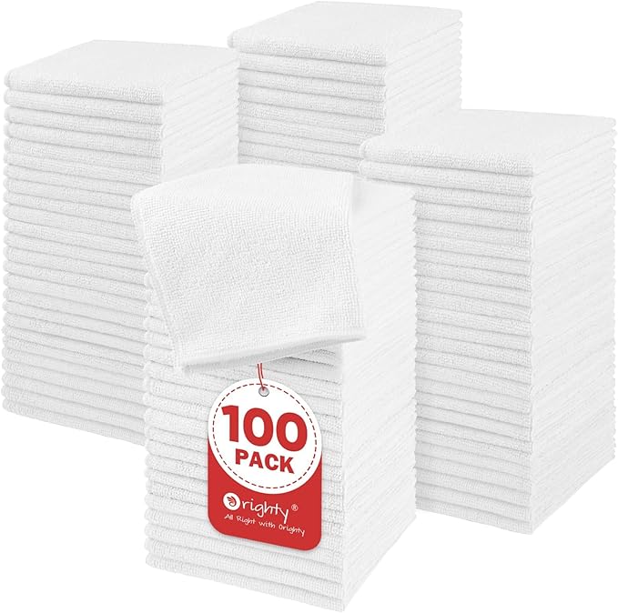 Orighty Microfiber Washcloths Bulk Towels Set 100 Pack, Highly Absorbent and Soft Feel Face Cloths, Multi-Purpose Wash Cloths & Hand Towels for Bathroom, Hotel, Spa, and Gym, 12x12 Inch, White