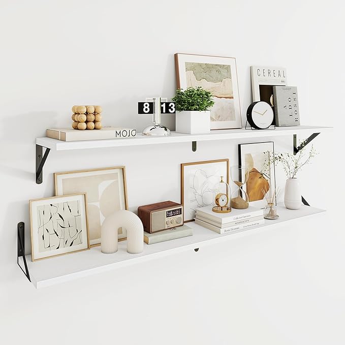 Dreamland Deep Floating Shelves for Wall, 48W x 8D Wall Mounted Shelves Set of 2, Wide Display Ledge Shelf with Sturdy Metal Brackets for Living Room, Bathroom, Bedroom and Kitchen, White