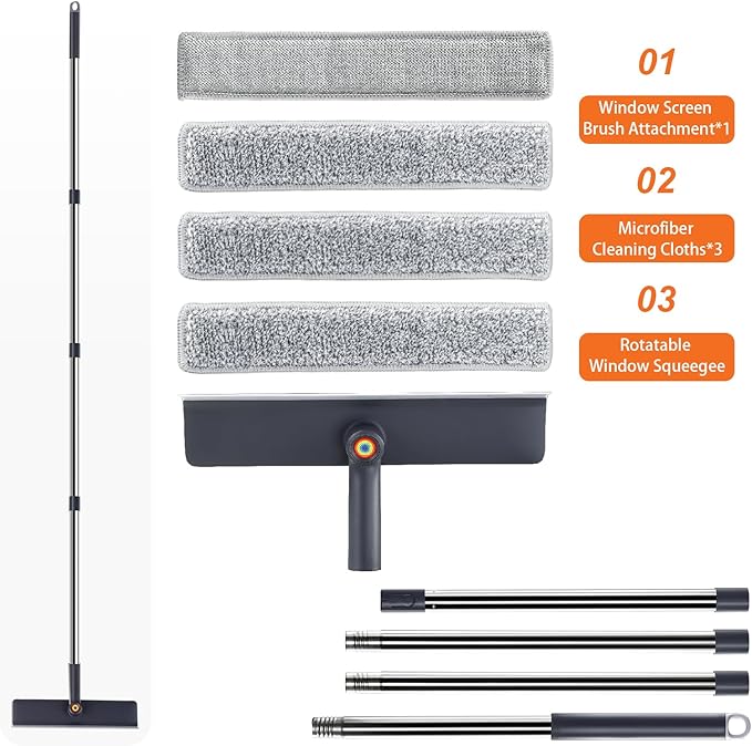 Window Cleaning Kit, Rotatable Window Squeegee for Home with 60" Extension Pole for High Windows, 3 Microfiber Cloths, Screen Brush, for Glass Indoor Outdoor