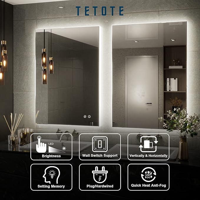 TETOTE Backlit Mirror for Bathroom, 20x28 Inch Vanity Mirror with Light, LED Anti-Fog Bathroom Mirrors, Modern Dimmable, CRI90+, Waterproof Lighted Mirror, Horizontal/Vertical Wall Mirror