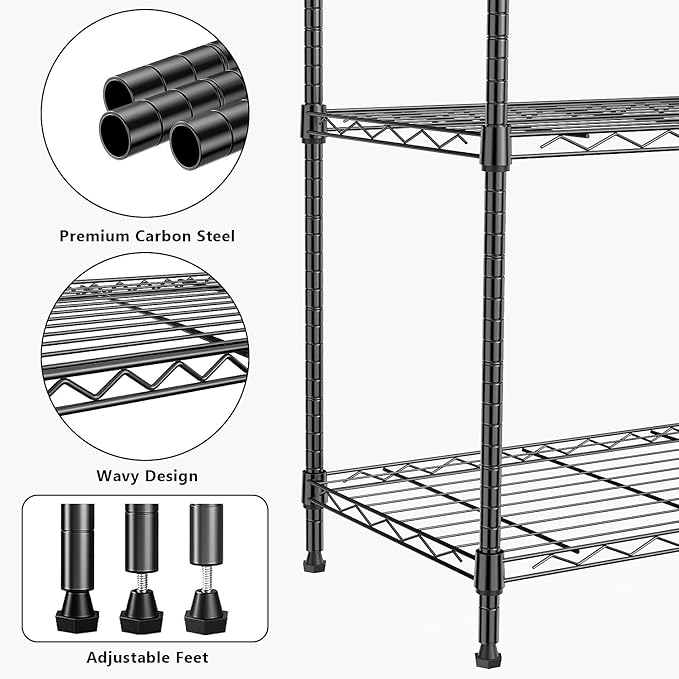 1000 lbs 4Tier Shelf Metal Storage Shelves Wire Rack Closet Organizers with Wheel for Garage Kitchen Bathroom Laundry Black 13.7" D x 29.5" W x 47.2" H