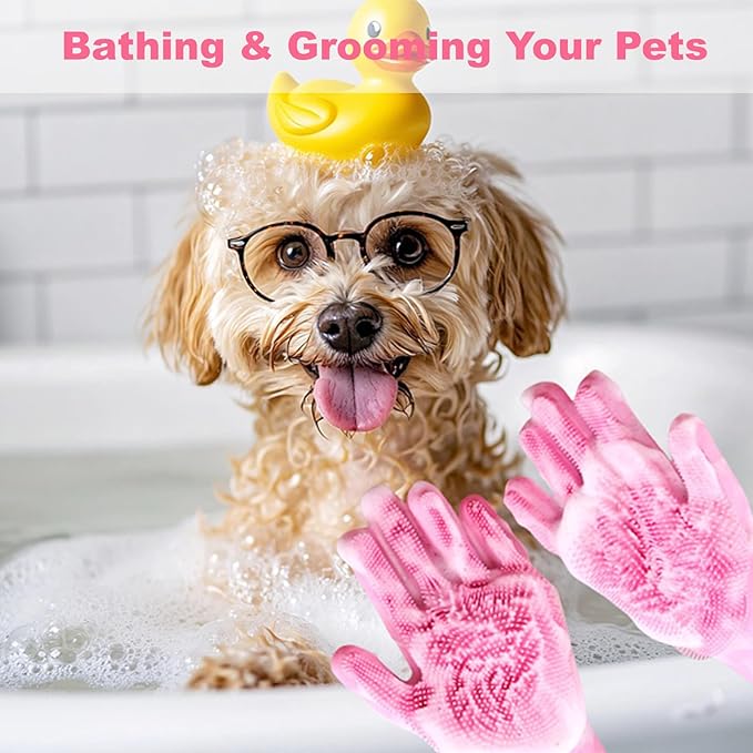 2 Piece Pink Pet Bath Supplies with Dog Washing Gloves and Dog Bath Scrubber