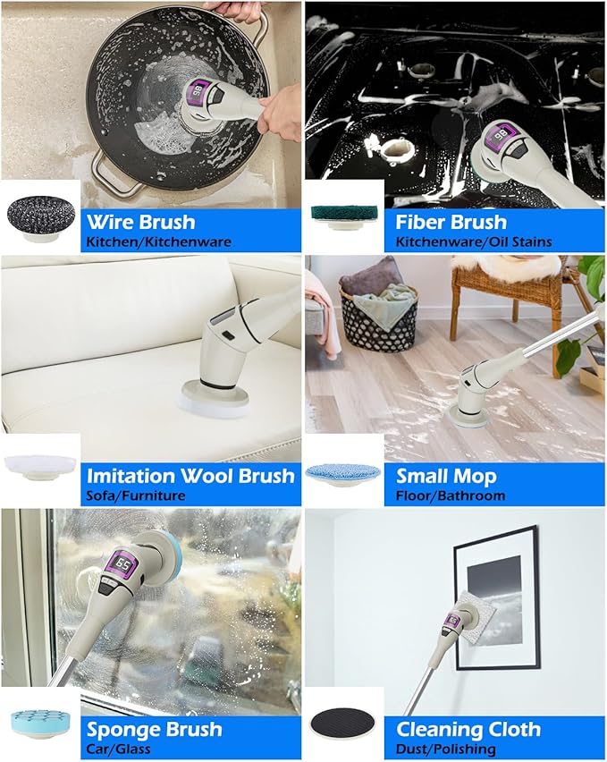 Electric Spin Scrubber Cordless Shower Cleaning Brush with 10 Replaceable Heads Powerful IPX7 Waterproof Bathroom Cleaner 3 Speeds Detachable Long Handle Voice Broadcast for Floor Car Kitchen