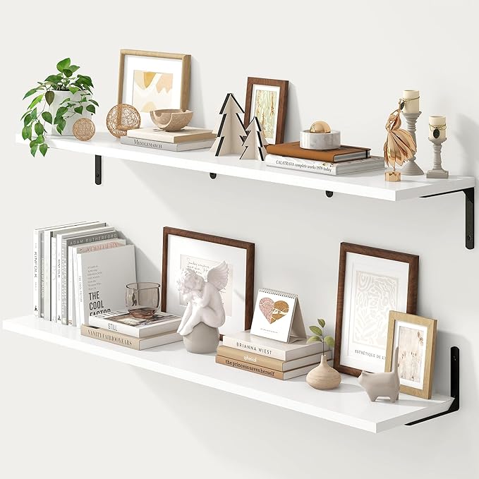 Fun Memories Deep Floating Shelves, 48W x 8D Floating Shelves Set of 2, Wall Mounted Shelf with Metal Brackets, Rustic Wood Wall Shelf for Bathroom, Kitchen and Living Room, White
