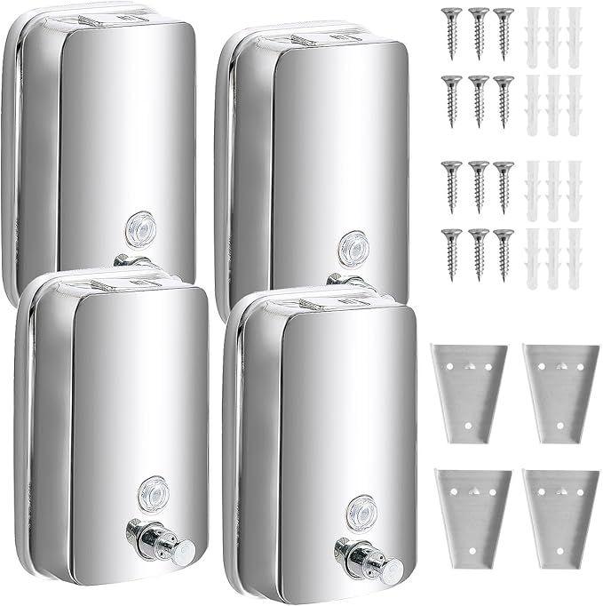 4 Pack 1000ml Commercial Soap Dispenser Wall Mount, Stainless Steel Hand Soap Dispenser for Bathrooms, Refillable Hand Sanitizer Dispenser for Home, Hotels, Restaurants, Hospitals (Silver)