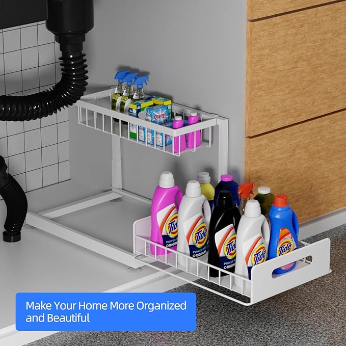 2-Tier Under Sink Slide Out Organizer, 2 Pack Pull Out Cabinet Storage Shelf with Sliding Wire Basket Drawer for Bathroom Kitchen, Countertop or Pantry Shelf, White