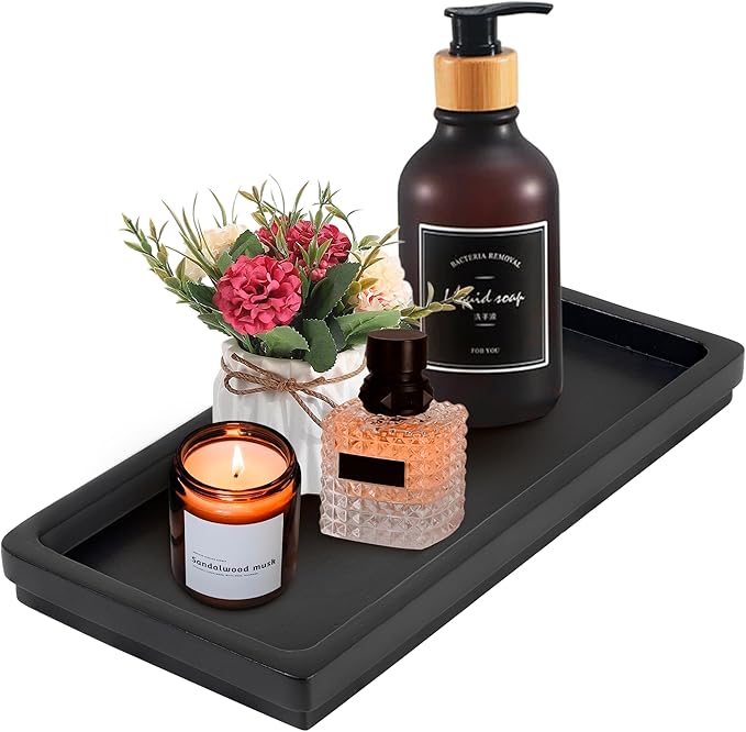 Acacia Wood Decorative Vanity Tray - 11.8 x 5.9 inches Suitable for Countertop Bathroom Sink Dresser Toilet Tank - Modern Decor Tray for Keys Wallets Towels Perfumes Plant Pots (Black)
