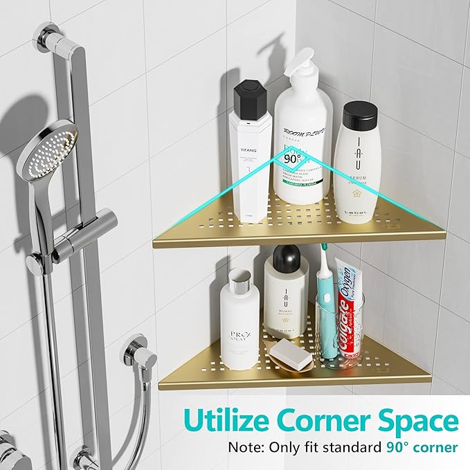 Corner Shower Shelves, 10” Recessed Tile Shower Shelf Brushed Golden, 304 Stainless Steel Grout in Corner Tile Shower Shelves, No Drilling, 2 Pack