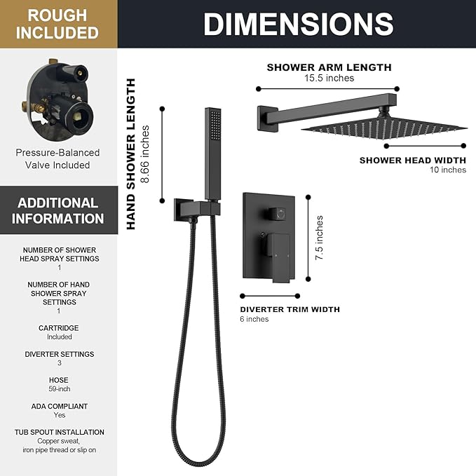 Lava Odoro Modern 2-Setting Square Shower System with Rain Shower Head and Handheld Spray Black, Rainfall Shower Faucet Set Chrome, Shower Valve and Trim Kit, Polished Chrome SF103-MB
