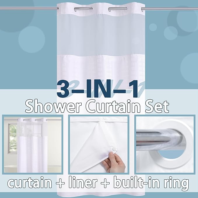 Conbo Mio Stall No Hook Shower Curtain with Snap in Liner Set, Hotel Luxury White Fabric Shower Curtains for Bathroom with See Through Top Window, Washable, Waterproof 36W x 74H