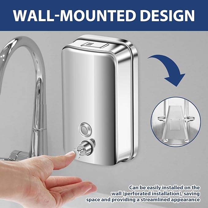 1000ml Commercial Soap Dispenser Wall Mount, Stainless Steel Hand Soap Dispenser for Bathrooms, Refillable Hand Sanitizer Dispenser for Home, Hotels, Restaurants, Hospitals (Silver)