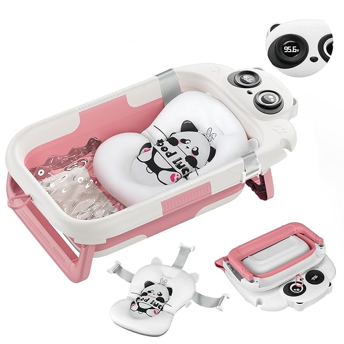 Collapsible Baby Bathtub for Newborn to Toddler (0-24 Months), Portable Baby Bath Tub for Travel, Newborn Bathtub with Soft and Supportive Cushion (Panda-Pink)