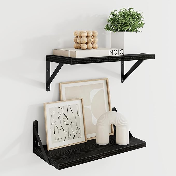 Dreamland Deep Floating Shelves for Wall, 16W x 8D Wall Mounted Shelves Set of 2, Floating Shelves Bedroom with Sturdy Metal Brackets for Living Room, Bathroom and Kitchen, Black