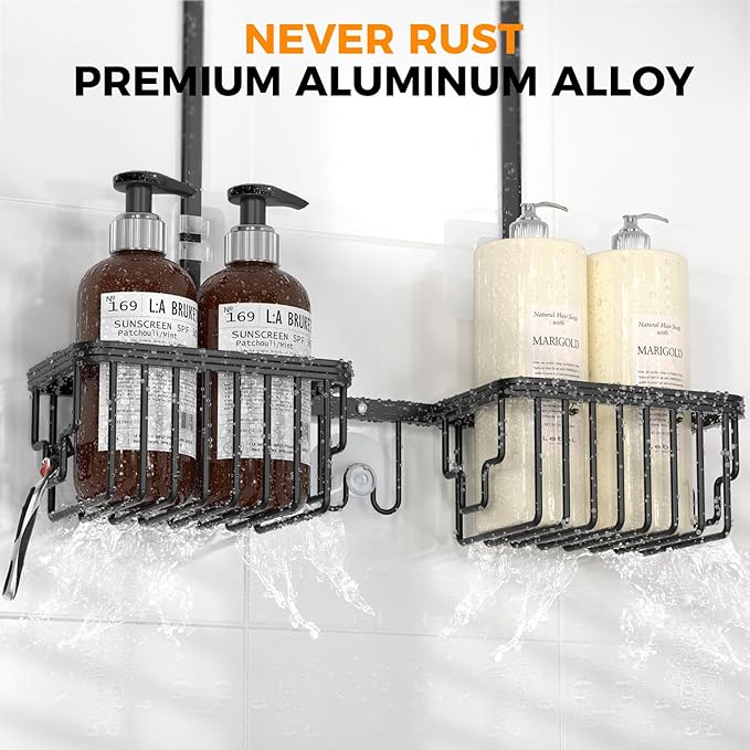 REINHARDT Aluminum Shower Caddy Hanging Adjustable Shower Caddy, Rustproof Hanging Shower Organizer with Hooks Soap Holders, Over Shower Head Caddy for Handheld Showerhead, Black