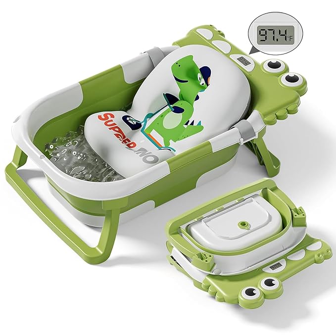 Collapsible Baby Bathtub for Newborn, Foldable Baby Bath Tub with Thermometer & Soft Floating Cushion & Drain Hole, Portable Travel Infant Bath Tubs for Newborns to Toddler 0-36 Months Girl, Green