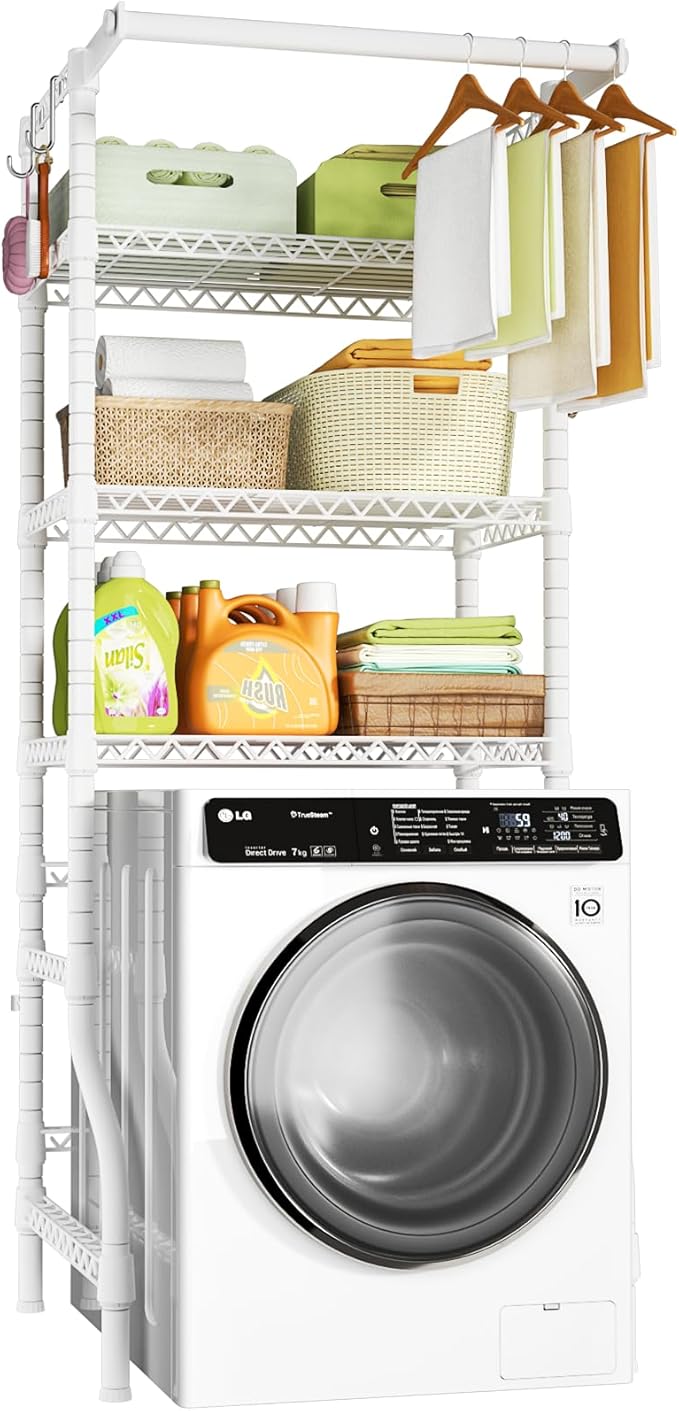 Ulif U11 Mini Over Washer and Dryer Shelves, 3 Tiers Laundry Room Storage and Organizer Standing Shelf, Metal Freestanding Clothes Drying Rack, 28.3”W x 19.7”D x 77.6”H, White