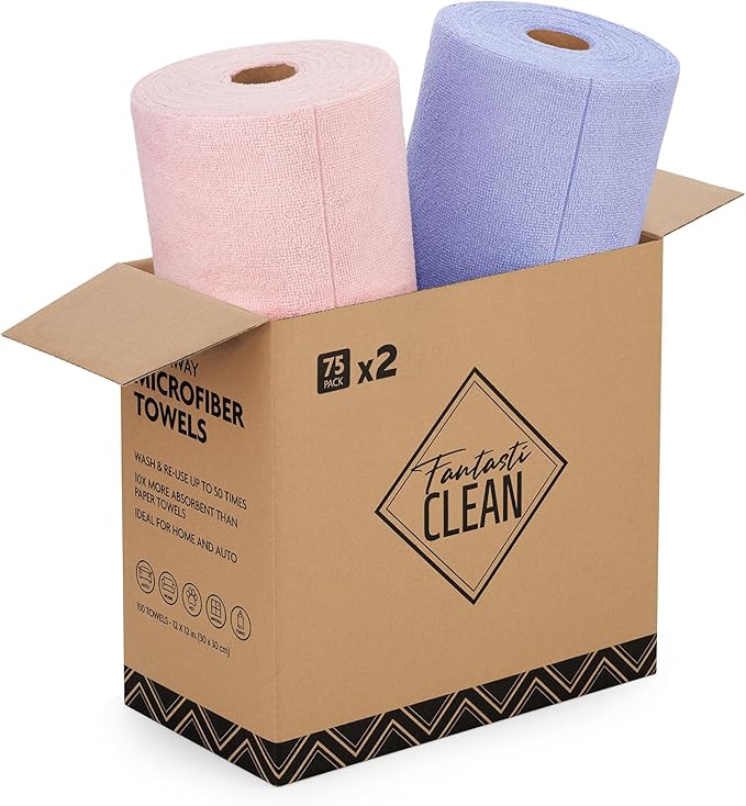 Fantasticlean Microfiber Cleaning Cloth Rolls -150 Pack, Tear Away Microfiber Towels, 12" x 12", Reusable, Washable, Ultra Absorbent Dishcloth for Home Supplies, Car, Pet, Kitchen (Pink & Lavender)