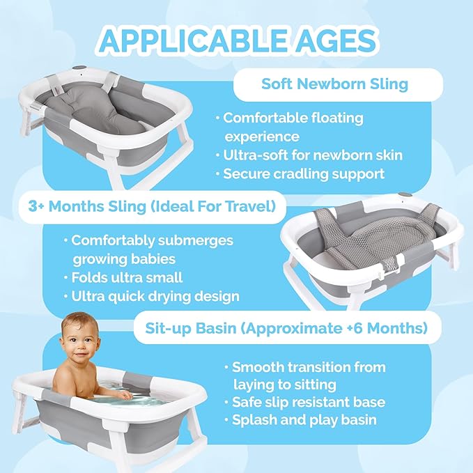 BEBELEH™ Collapsible Baby Bathtub with Thermometer – Bathtub + Baby tub Sling + Newborn Sling – Baby Bathtub Newborn to Toddler 0-24 Months – The Ultimate Baby Bath Tub! (with Thermometer,Gray)