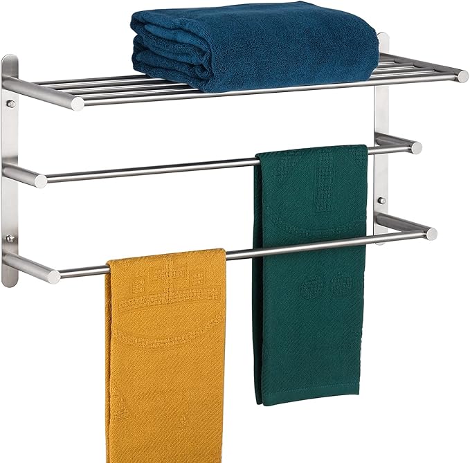KOKOSIRI 3 Tier Bath Towel Bar 24 Inch Wall Mounting Rack with Towel Bars Towel Shelf with Single Towel Bar Bathroom Ladder, Brushed Steel, B5003BR